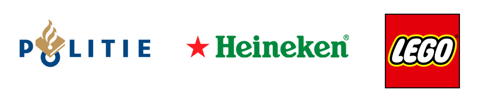 Voorbeeldlogo's van Politie, Heineken en Lego Voorbeeldlogo's van Politie, Heineken en Lego